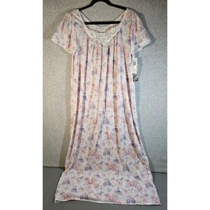 NWT Vintage LORRAINE Pink Lavendar Floral Nylon Lace Trim NIGHTGOWN Size Medium